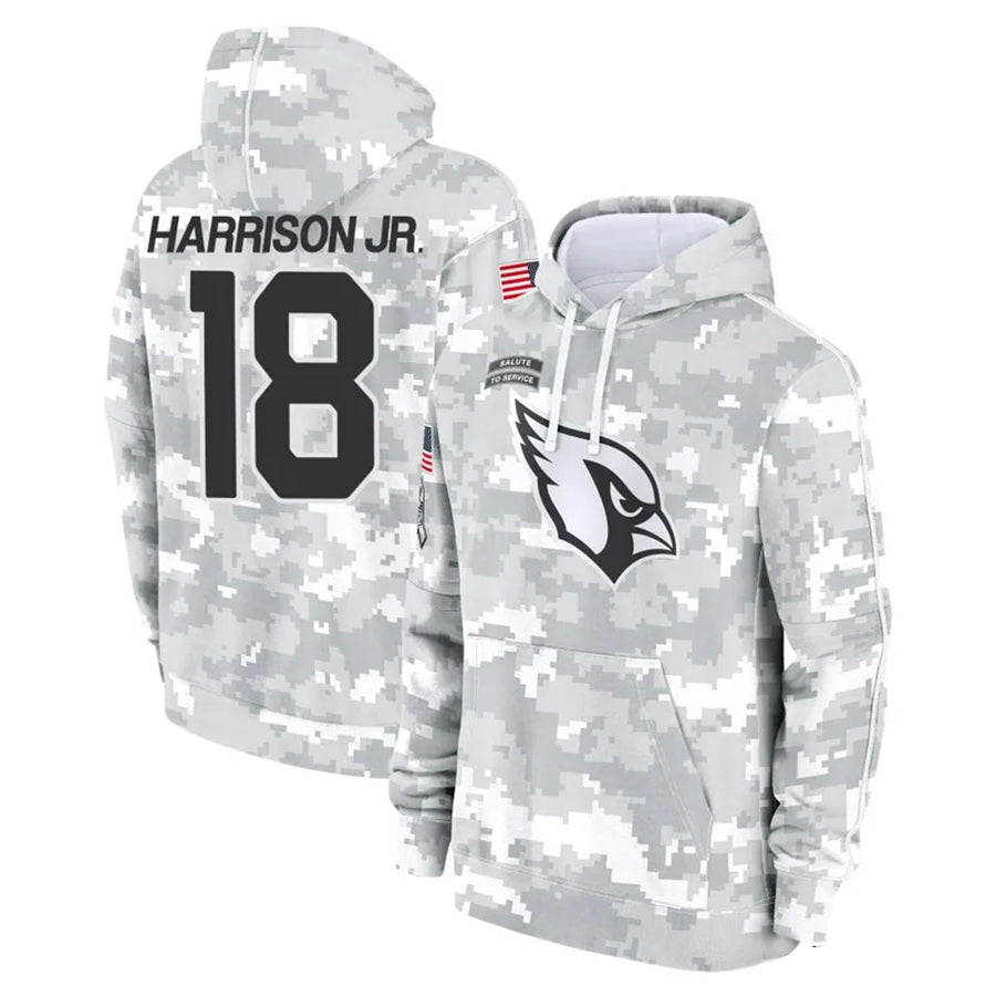 Jamed A.Cardinals #18 Marvin Harrison Jr. Player Camo Salute to Service Hoodies Stitched Jerseys