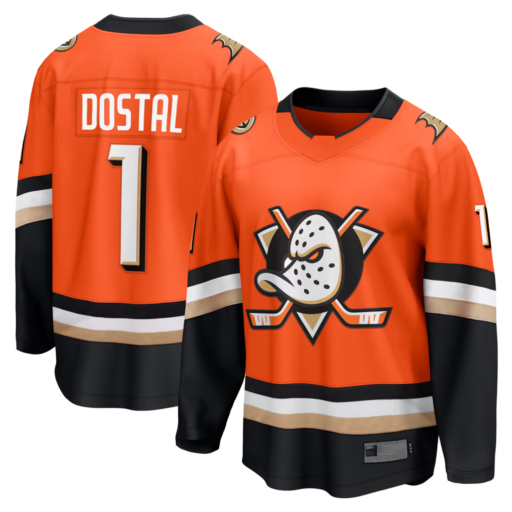 Jamed A.Ducks #1 Lukas Dostal Orange Home Breakaway Jerseys