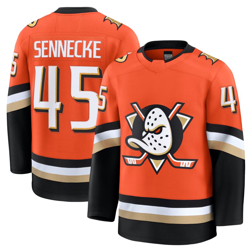 Jamed A.Ducks #45 Beckett Sennecke Orange Home Premium Jerseys