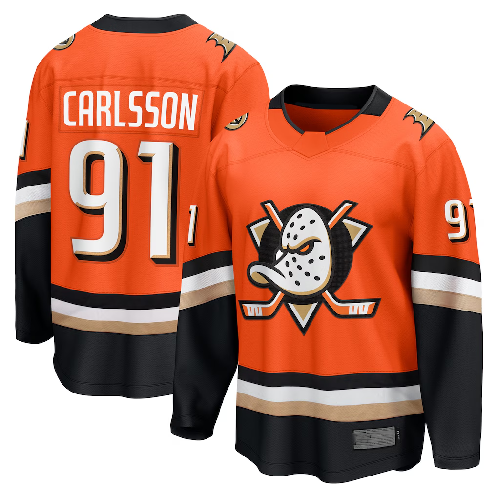 Jamed A.Ducks #91 Leo Carlsson Orange Home Breakaway Jerseys