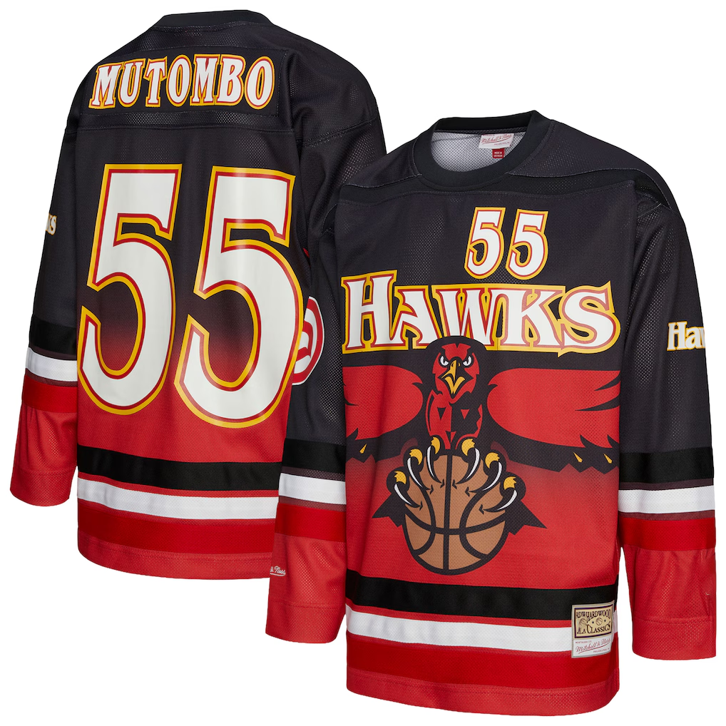 Jamed A.Hawks #55 Dikembe Mutombo Mitchell & Ness Red Maxxed Out Fashion Hockey Jerseys