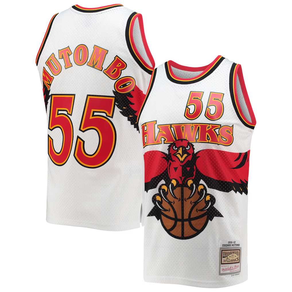 Jamed A.Hawks #55 Dikembe Mutombo Mitchell & Ness White 199697 Hardwood Classics Swingman Jerseys