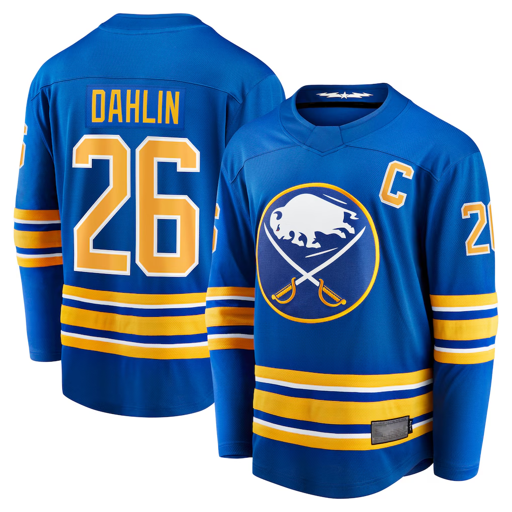 Jamed B.Sabres #26 Rasmus Dahlin Royal Home Captain Patch Breakaway Stitched Jerseys