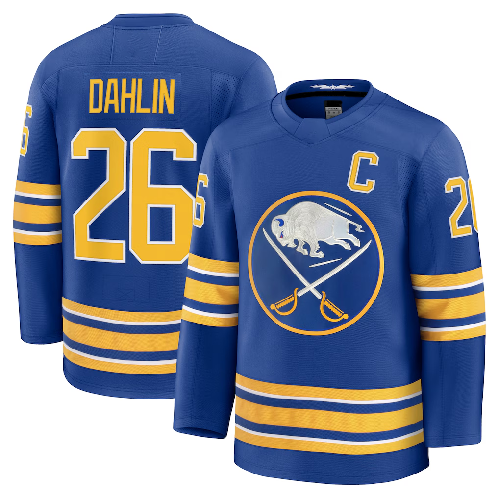 Jamed B.Sabres #26 Rasmus Dahlin Royal Premium with Captain's Patch Stitched Jerseys