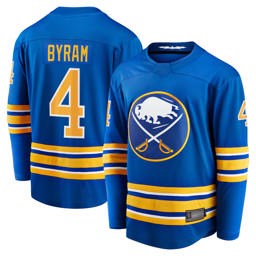 Jamed B.Sabres #4 Bowen Byram Royal Home Breakaway Stitched Jerseys