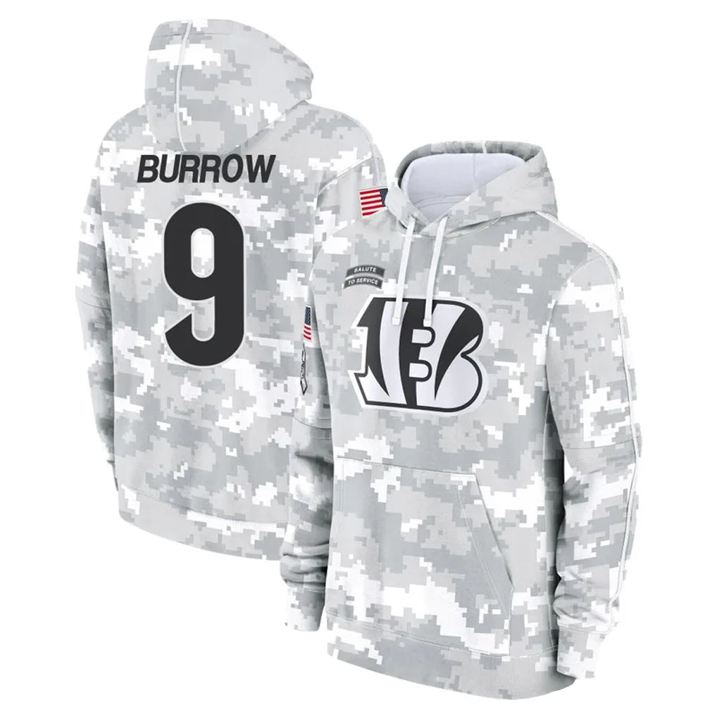 Jamed C.Bengals #9 Joe Burrow Player Arctic Camo Salute to Service Pullover Hoodie Stitched Jerseys