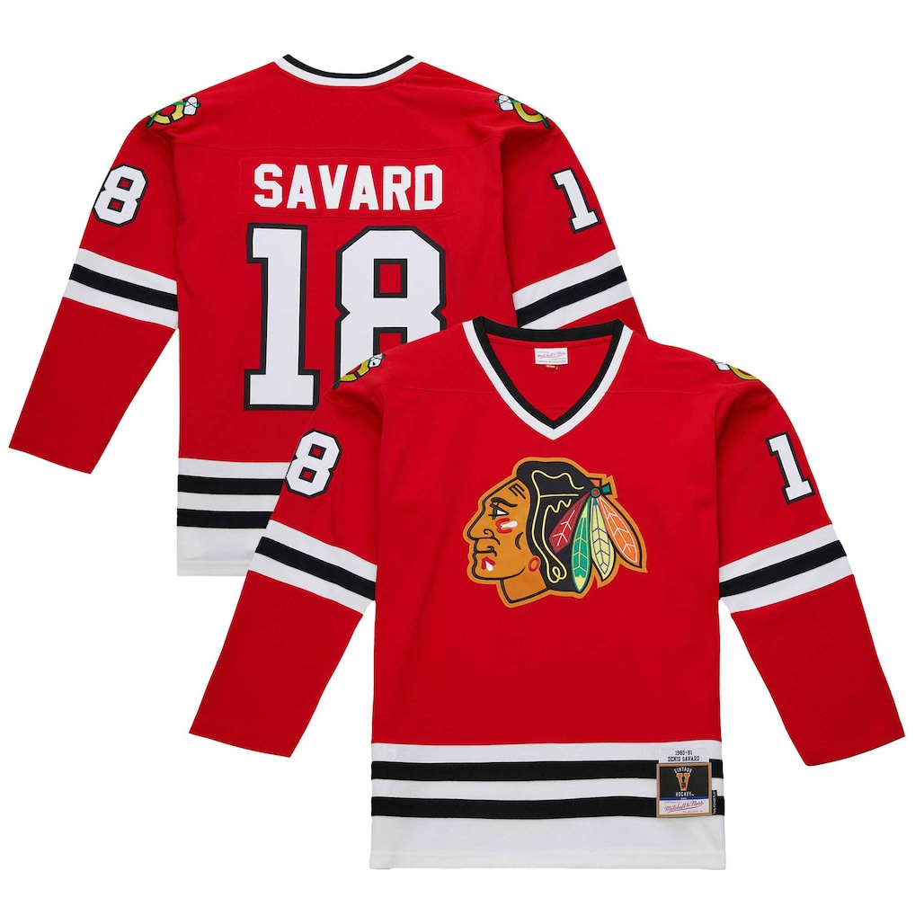 Jamed C.Blackhawks #18 Denis Savard Scarlet 1980-81 Power Play Jerseys