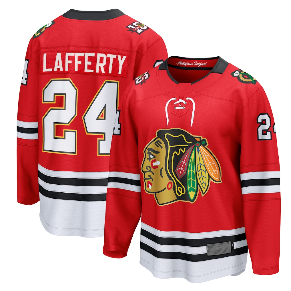 Jamed C.Blackhawks #24 Sam Lafferty Red Centennial Breakaway Player Jerseys
