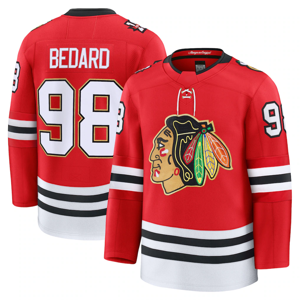 Jamed C.Blackhawks #98 Connor Bedard Red Centennial Premium Player Jerseys