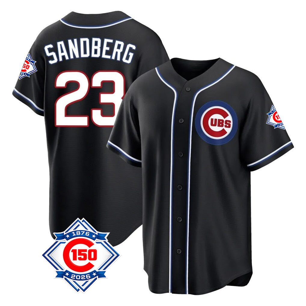 Jamed C.Cubs #23 Ryne Sandberg Player Black Fashion Out 150th Anniversary Game Stitched Jerseys
