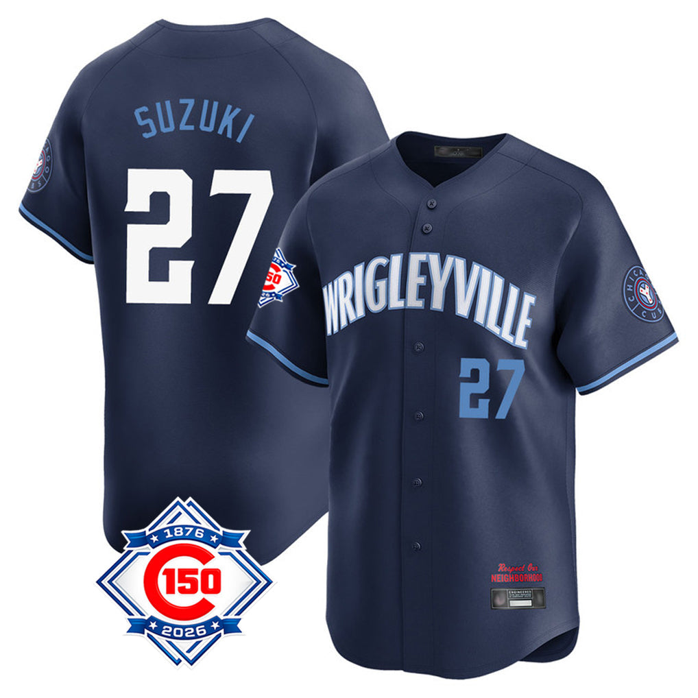 Jamed C.Cubs #27 Seiya Suzuki Player Navy City Connect 150th Anniversary Limited Home Stitched Jerseys