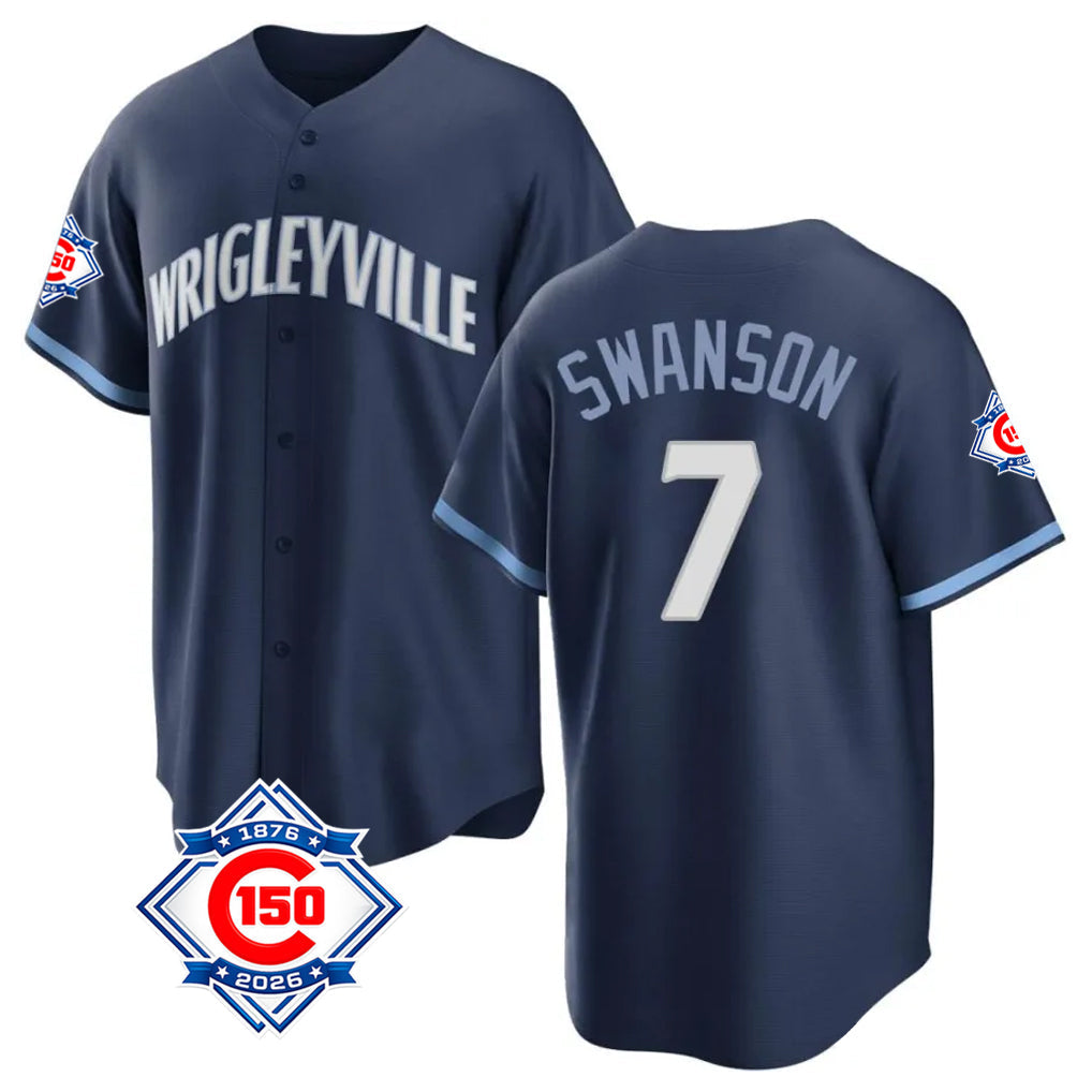 Jamed C.Cubs #7 Dansby Swanson Player Navy 150th Anniversary City Connect Home Game Stitched Jerseys
