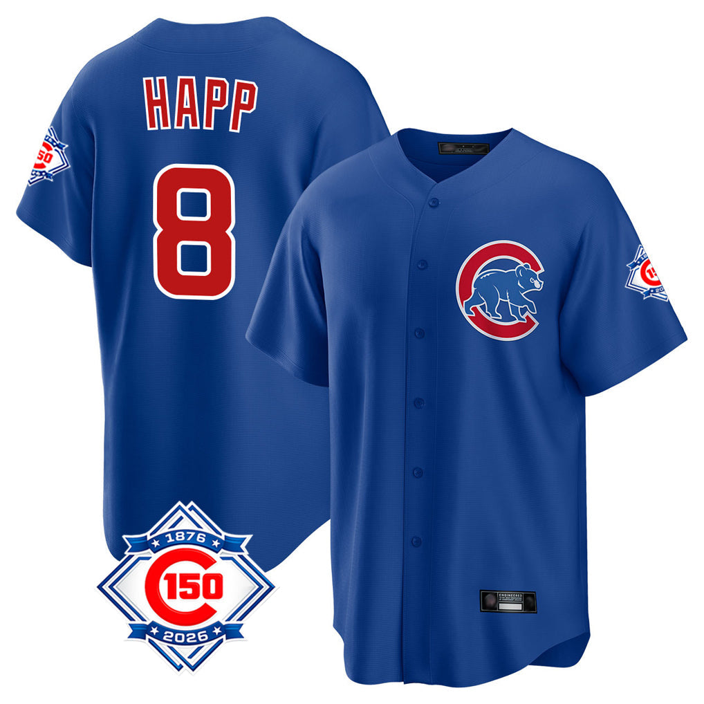 Jamed C.Cubs #8 Ian Happ Player Royal 150th Anniversary Home Game Stitched Jerseys