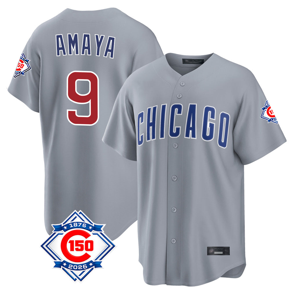 Jamed C.Cubs #9 Miguel Amaya Player Gray 150th Anniversary Home Game Stitched Jerseys