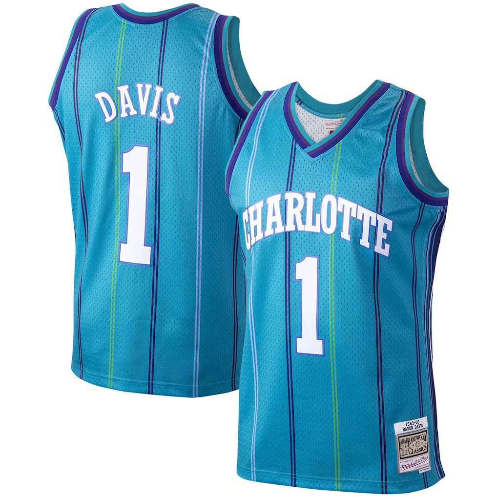 Jamed C.Hornets #1 Baron Davis Mitchell & Ness Teal 199900 Hardwood Classics Swingman Jerseys