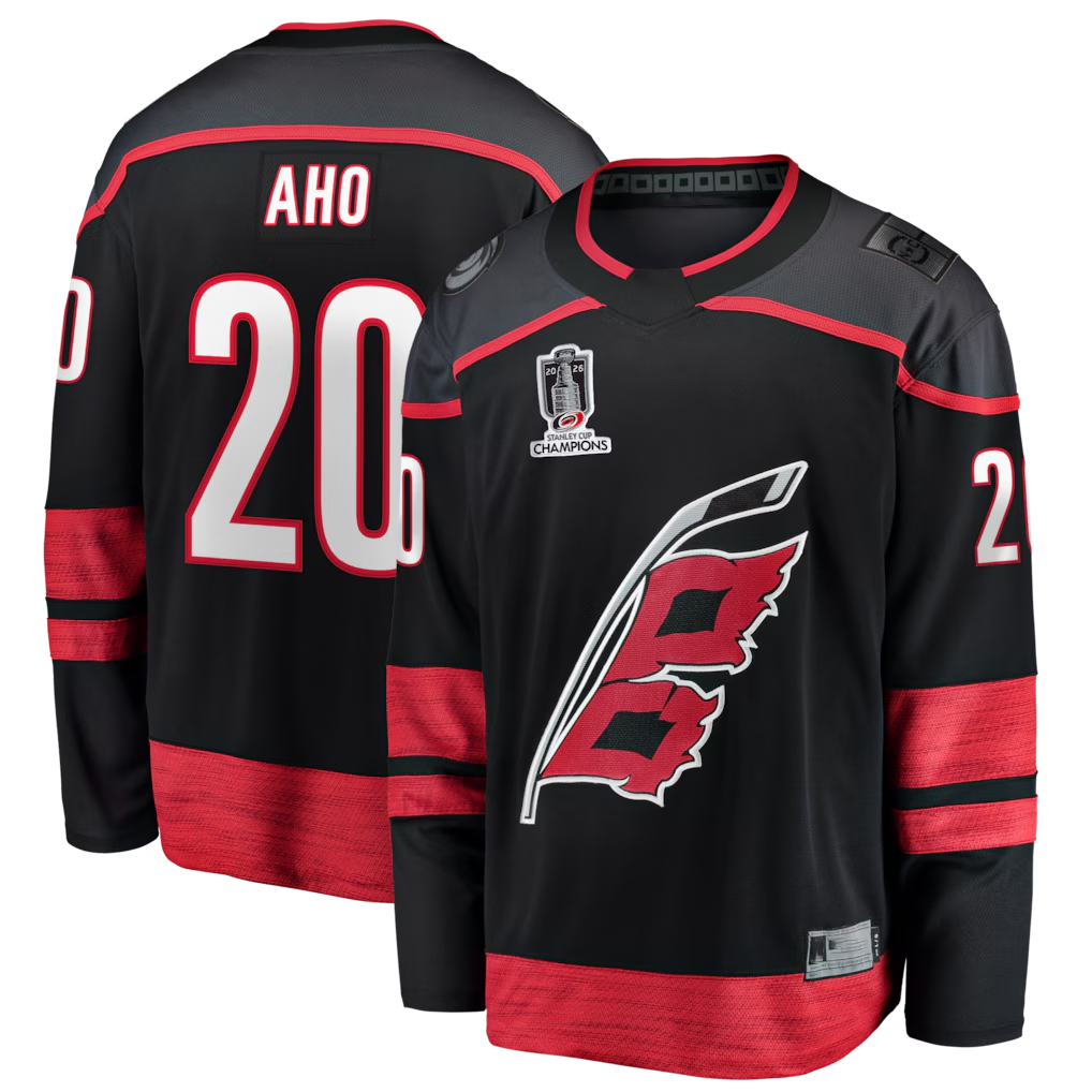 Jamed C.Hurricanes #20 Sebastian Aho Black 2026 Stanley Cup Champions Home Breakaway Stitched Jerseys