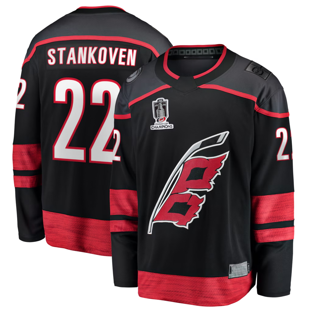 Jamed C.Hurricanes #22 Logan Stankoven Black 2026 Stanley Cup Champions Home Breakaway Stitched Jerseys