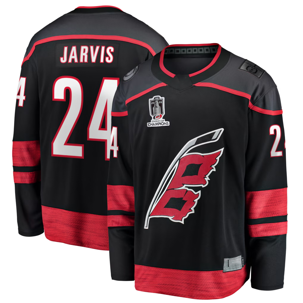 Jamed C.Hurricanes #24 Seth Jarvis Black 2026 Stanley Cup Champions Home Breakaway Stitched Jerseys