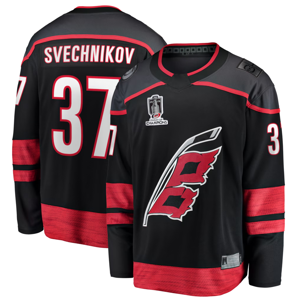 Jamed C.Hurricanes #37 Andrei Svechnikov Black 2026 Stanley Cup Champions Home Breakaway Stitched Jerseys