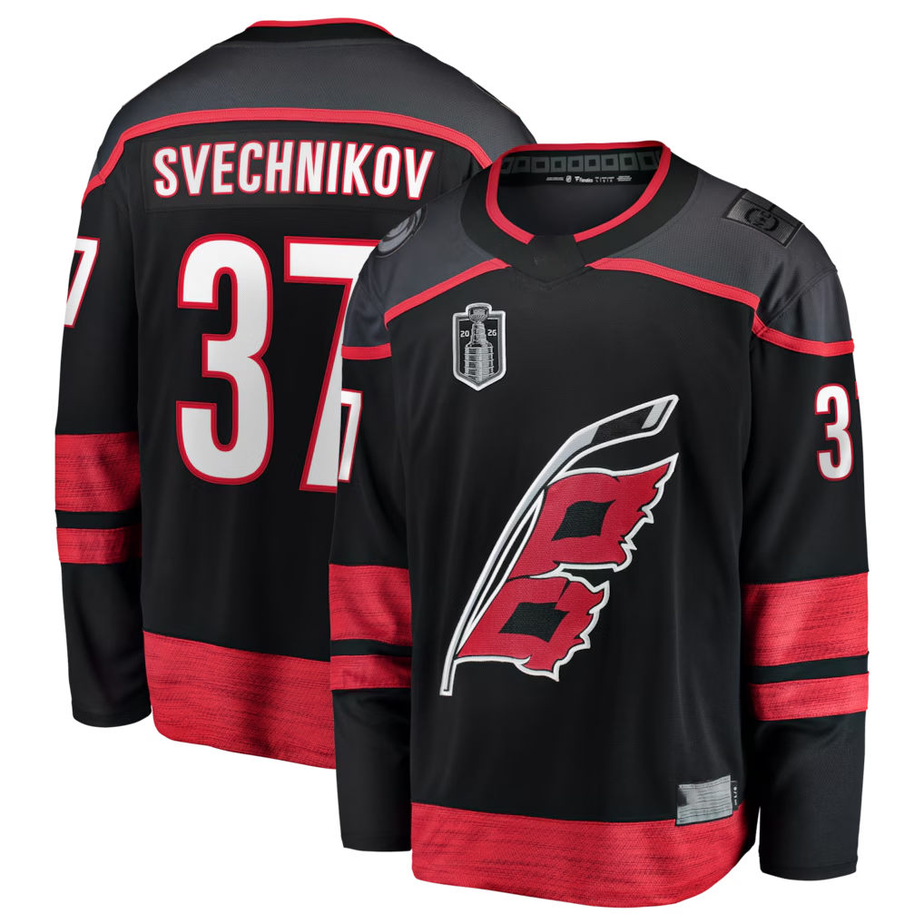 Jamed C.Hurricanes #37 Andrei Svechnikov Black 2026 Stanley Cup Final Home Breakaway Stitched Jerseys