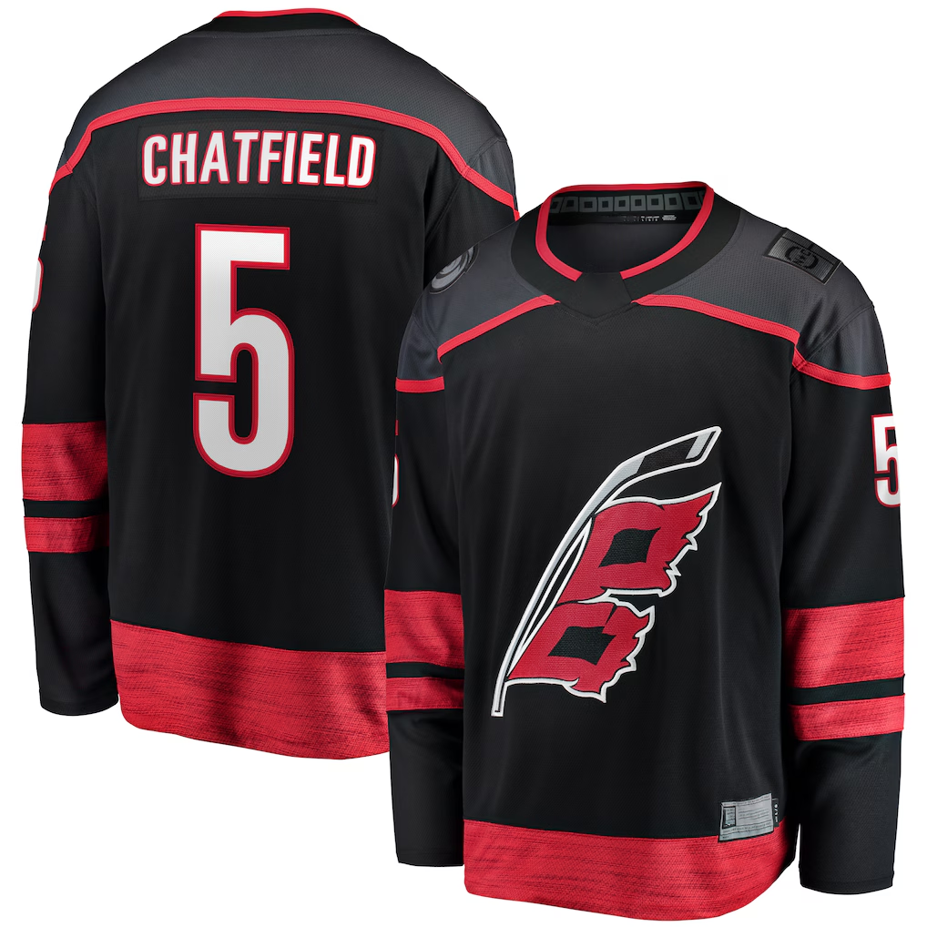 Jamed C.Hurricanes #5 Jalen Chatfield Black Home Premier Breakaway Player Stitched Jerseys