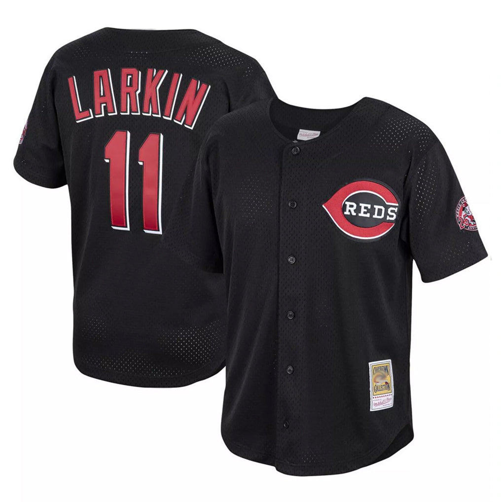 Jamed C.Reds #11 Barry Larkin Player Mitchell & Ness Black Throwback Cooperstown Mesh Game Stitched Jerseys
