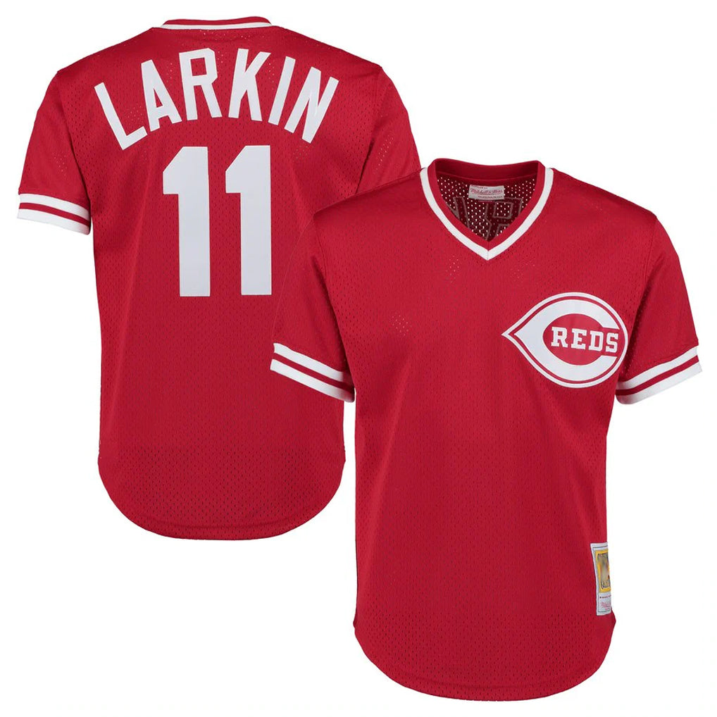 Jamed C.Reds #11 Barry Larkin Player Mitchell & Ness Red Throwback Cooperstown Mesh T-shirt Game Stitched Jerseys