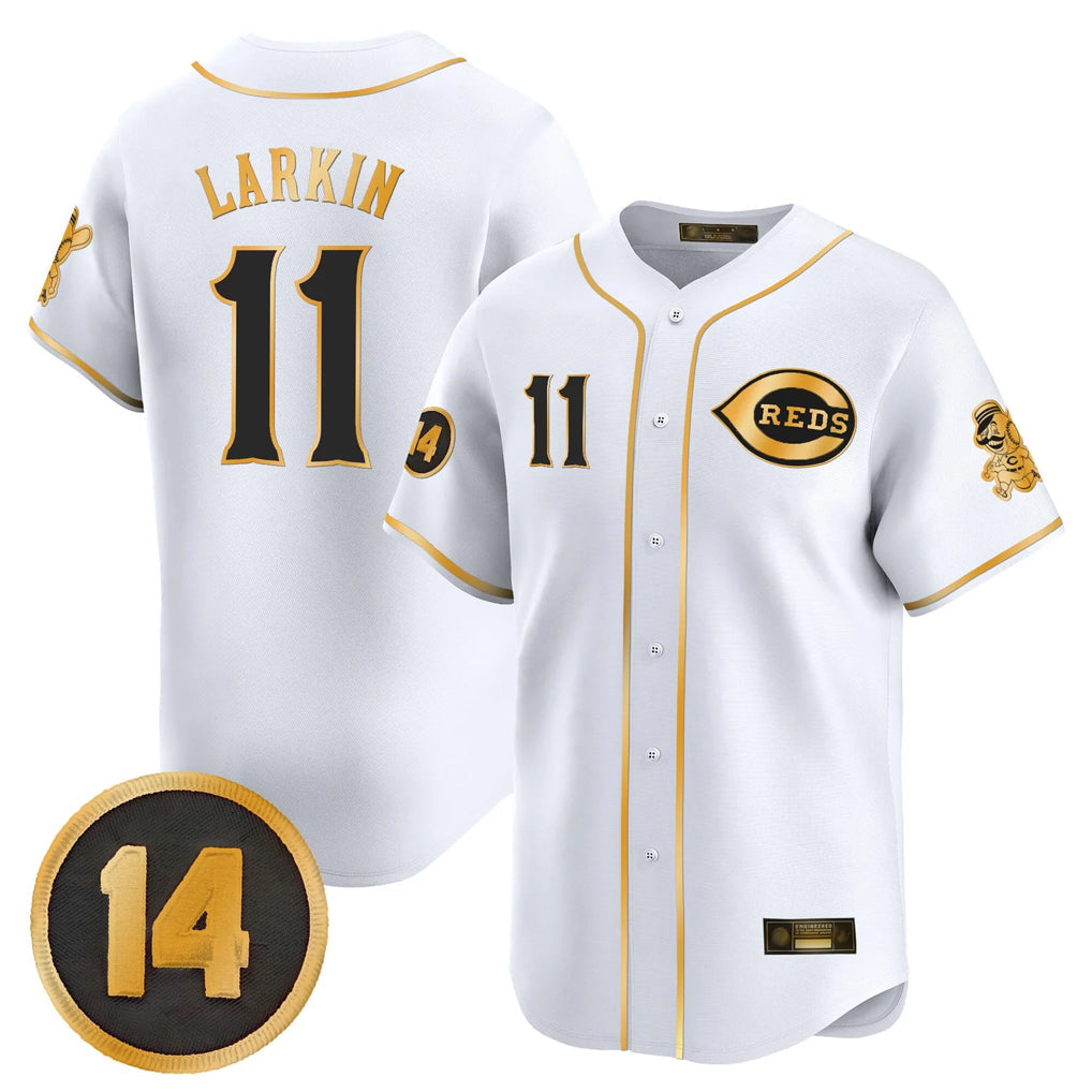 Jamed C.Reds #11 Barry Larkin Player White-Gold Vapor Premier Limited Home Stitched Jerseys