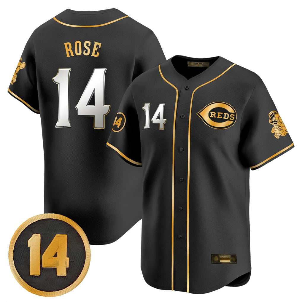 Jamed C.Reds #14 Pete Rose Player Black-Gold Vapor Premier Limited Home Stitched Jerseys