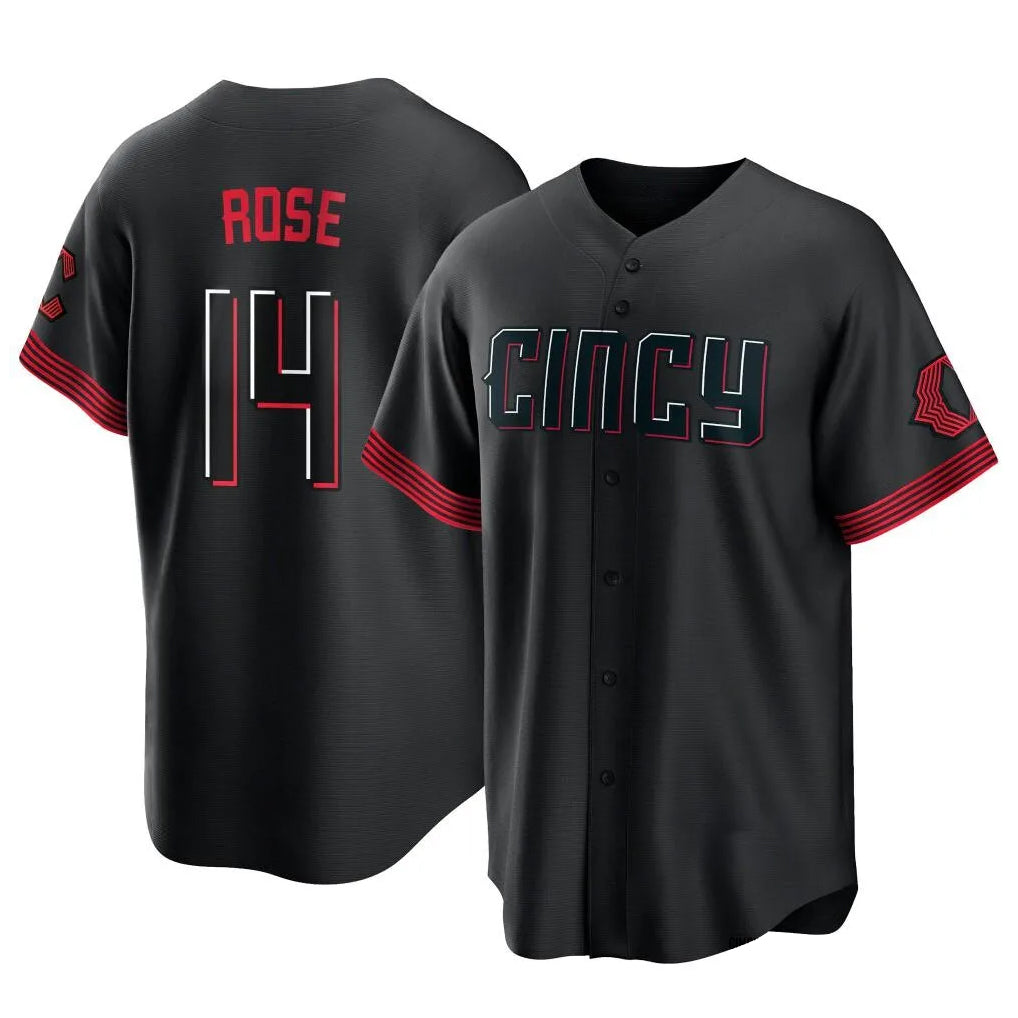 Jamed C.Reds #14 Pete Rose Player Black City Connect Home Game Stitched Jerseys