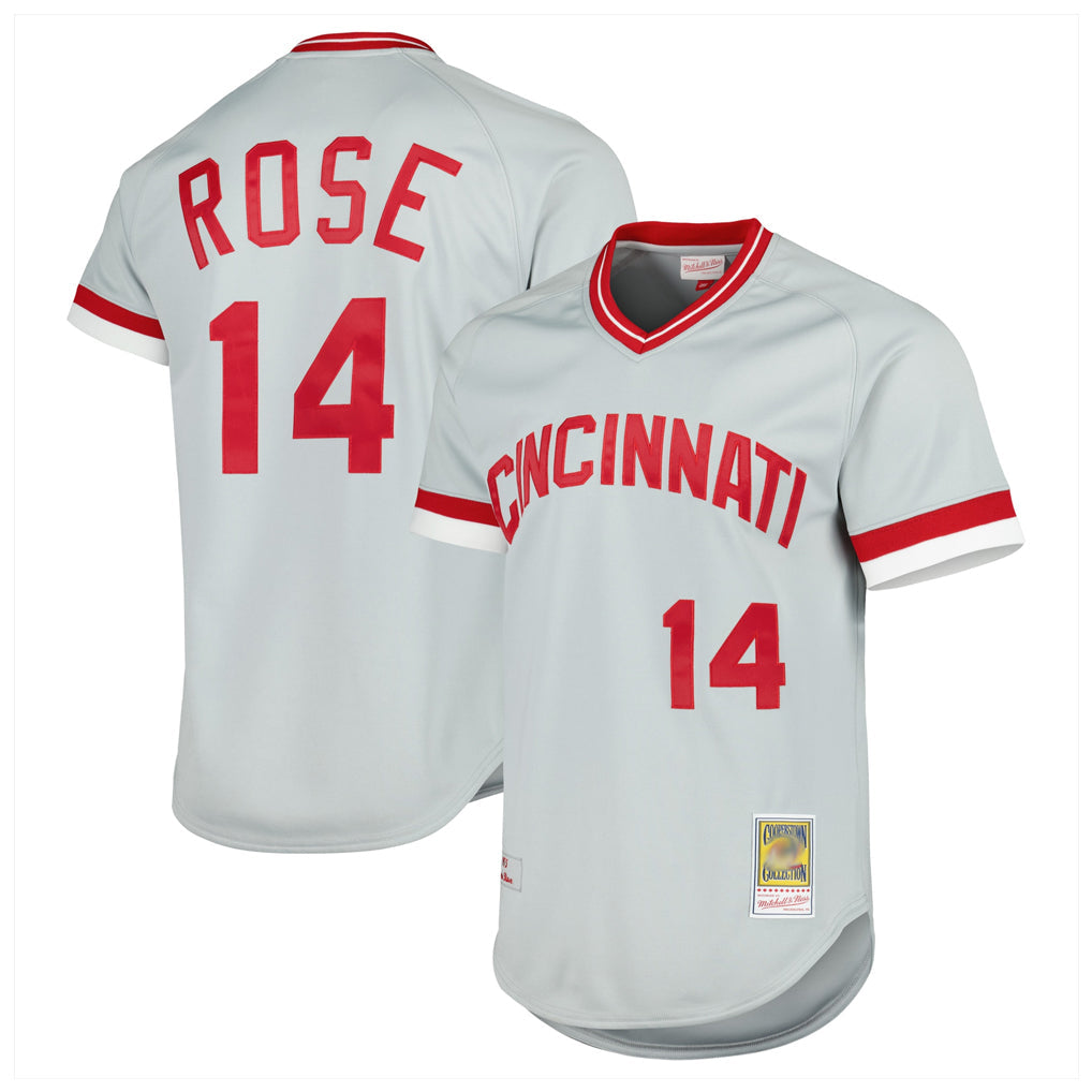 Jamed C.Reds #14 Pete Rose Player Mitchell & Ness Gray Throwback Cooperstown Mesh T-shirt Game Stitched Jerseys