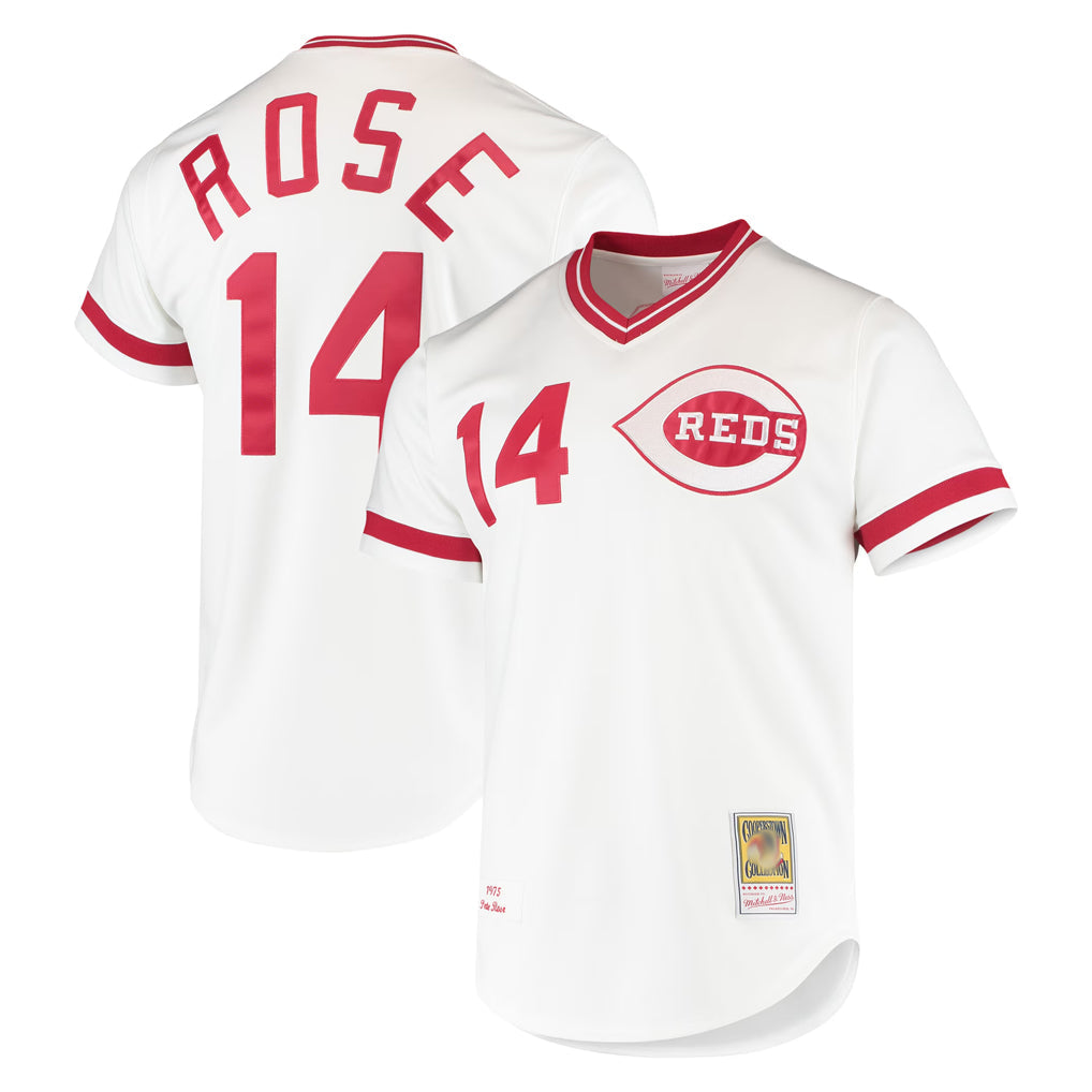 Jamed C.Reds #14 Pete Rose Player Mitchell & Ness White Throwback Cooperstown Mesh T-shirt Game Stitched Jerseys