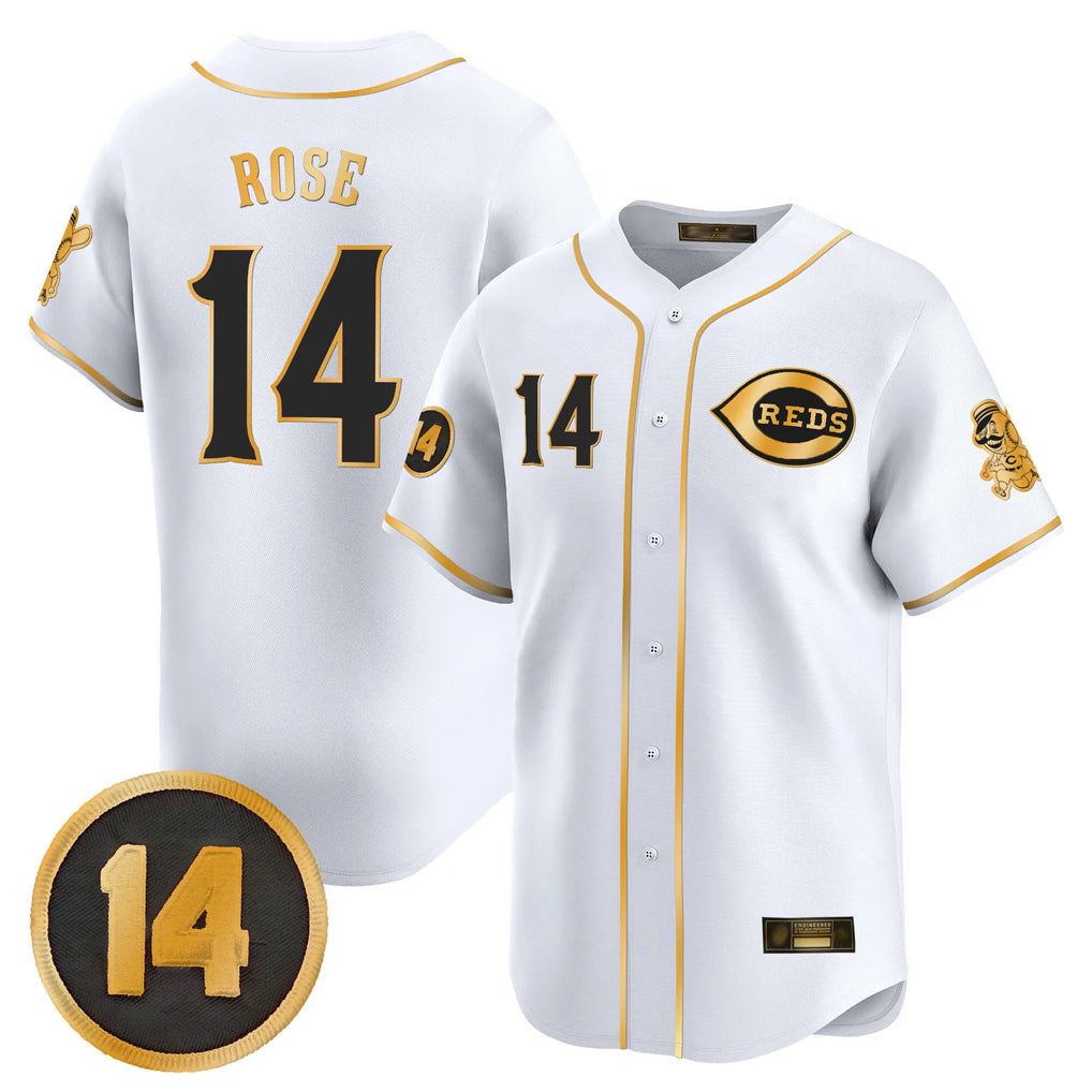 Jamed C.Reds #14 Pete Rose Player White-Gold Vapor Premier Limited Home Stitched Jerseys
