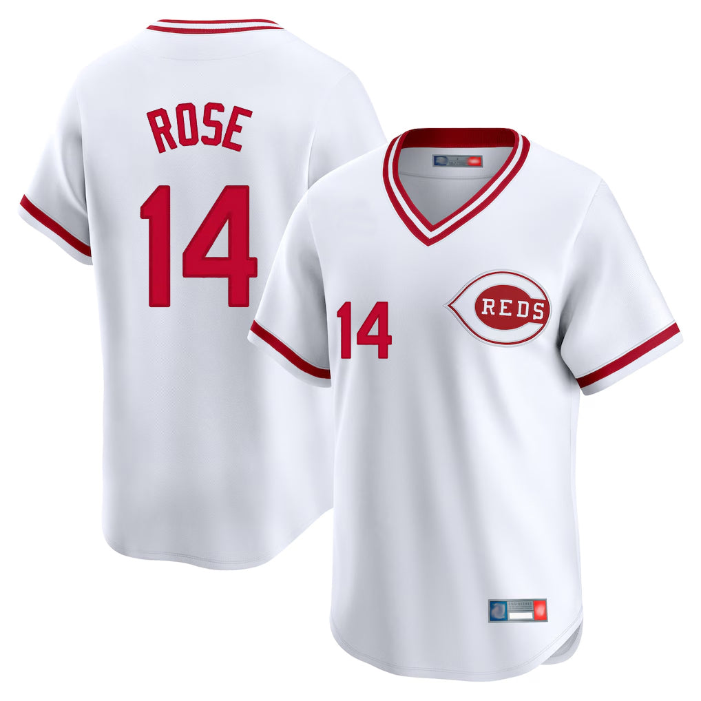Jamed C.Reds #14 Pete Rose Player White Cooperstown Collection Limited T-shirt Home Stitched Jerseys