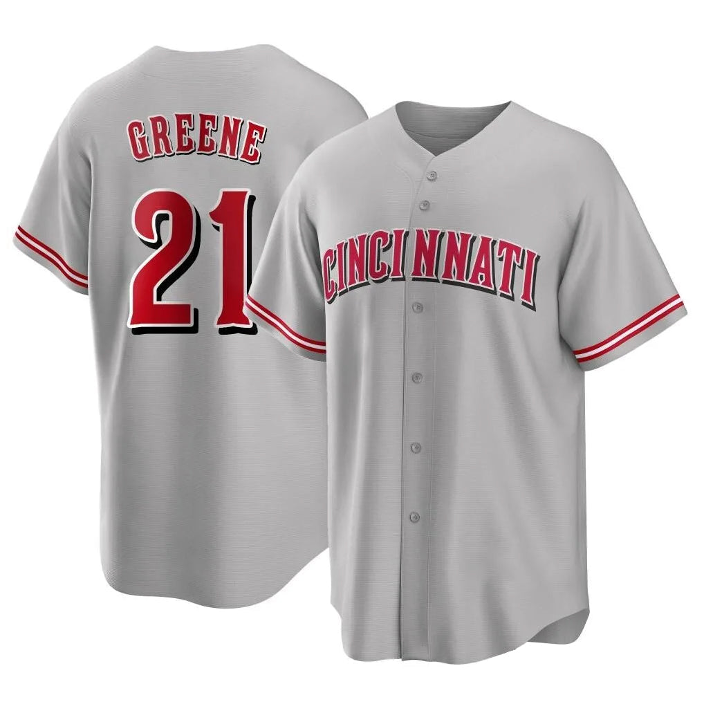 Jamed C.Reds #21 Hunter Greene Player Gray Home Game Stitched Jerseys