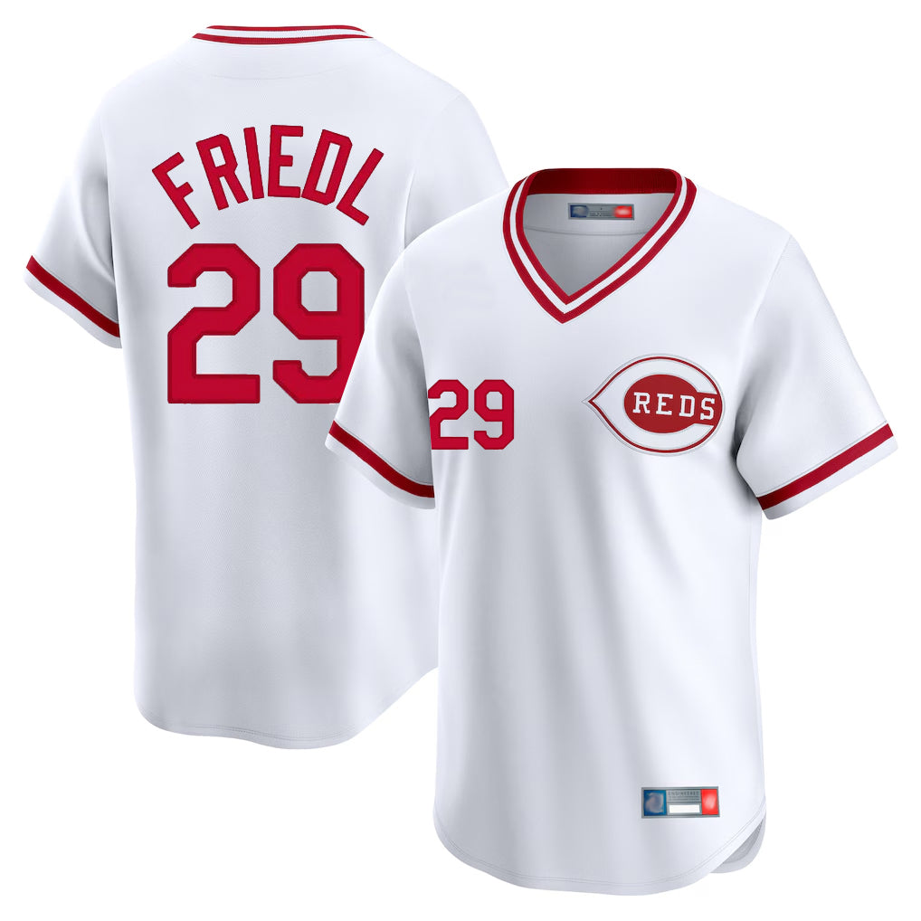 Jamed C.Reds #29 TJ Friedl Player White Cooperstown Collection Limited T-shirt Home Stitched Jerseys