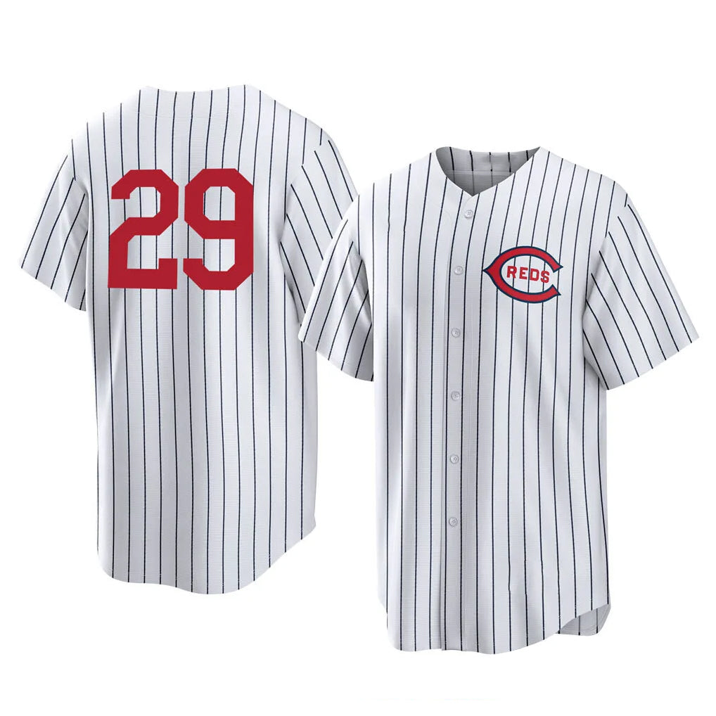 Jamed C.Reds #29 TJ Friedl Player White Stripe Field of Dreams Game Home Stitched Jerseys