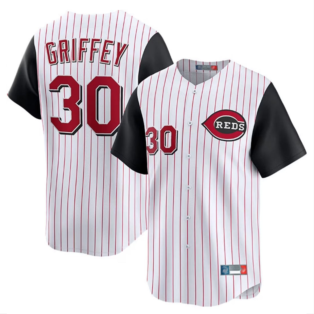 Jamed C.Reds #30 Ken Griffey Player White Black Stripe Field of Dreams Game Home Stitched Jerseys