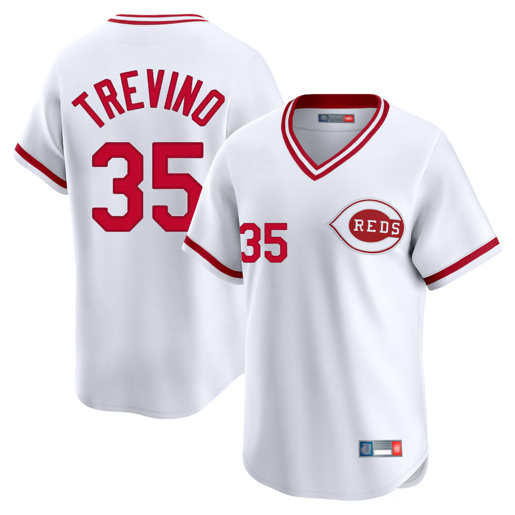 Jamed C.Reds #35 Jose Trevino Player White Cooperstown Collection Limited T-shirt Home Stitched Jerseys