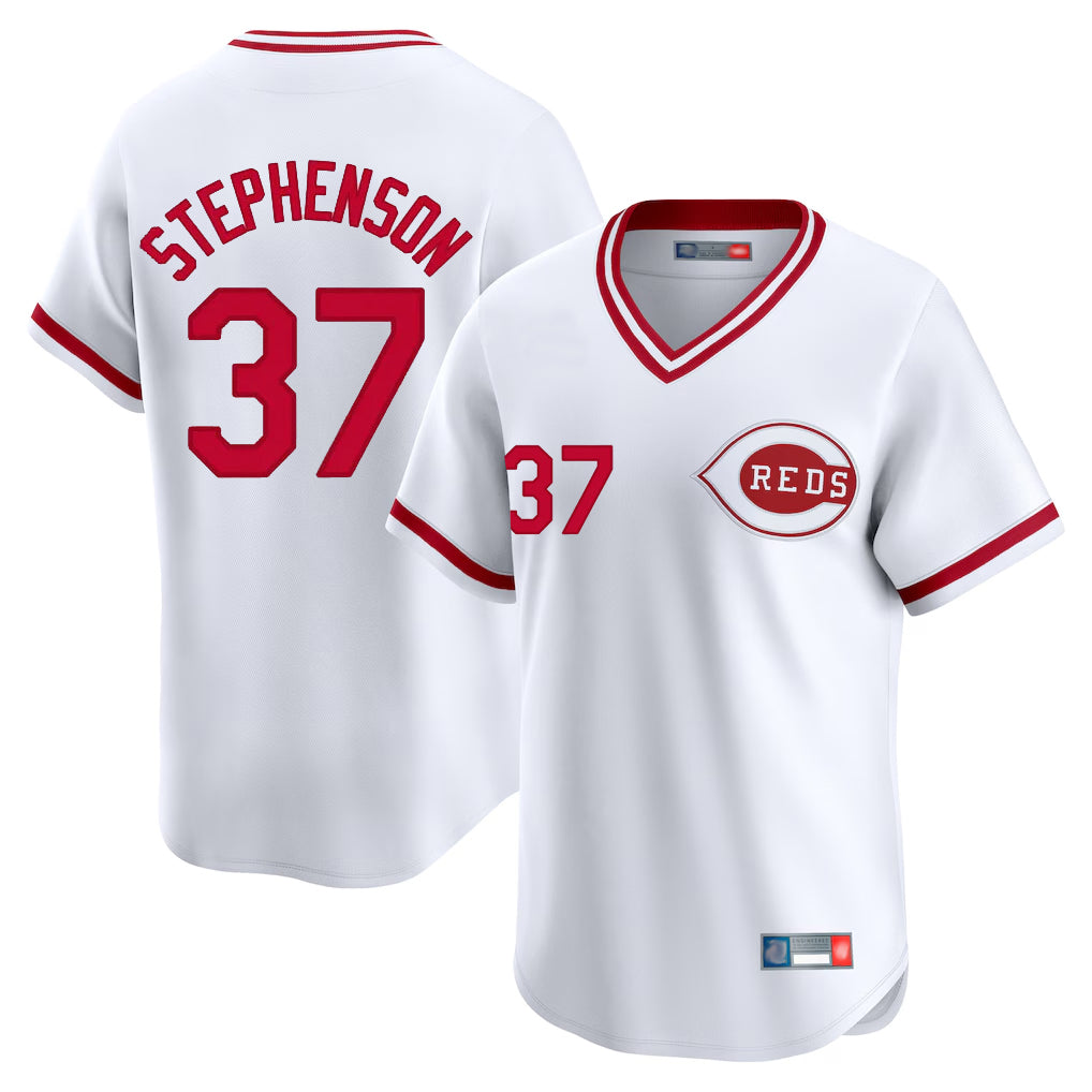 Jamed C.Reds #37 Tyler Stephenson Player White Cooperstown Collection Limited T-shirt Home Stitched Jerseys