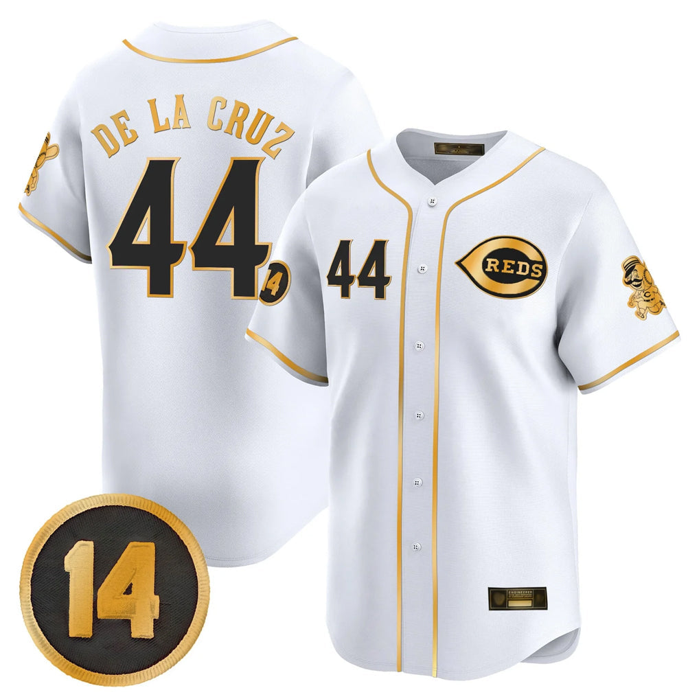 Jamed C.Reds #44 Elly De La Cruz Player White-Gold Vapor Premier Limited Home Stitched Jerseys