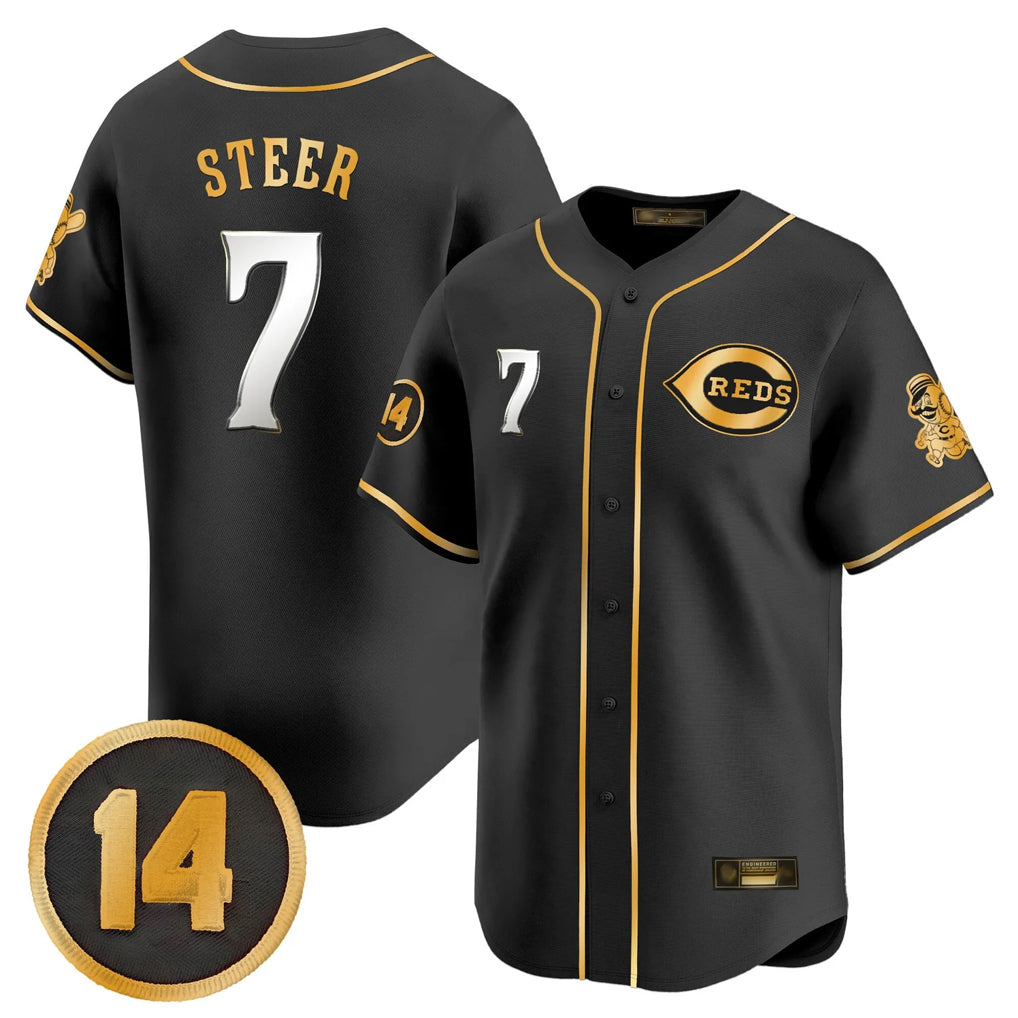 Jamed C.Reds #7 Spencer Steer Player Black-Gold Vapor Premier Limited Home Stitched Jerseys