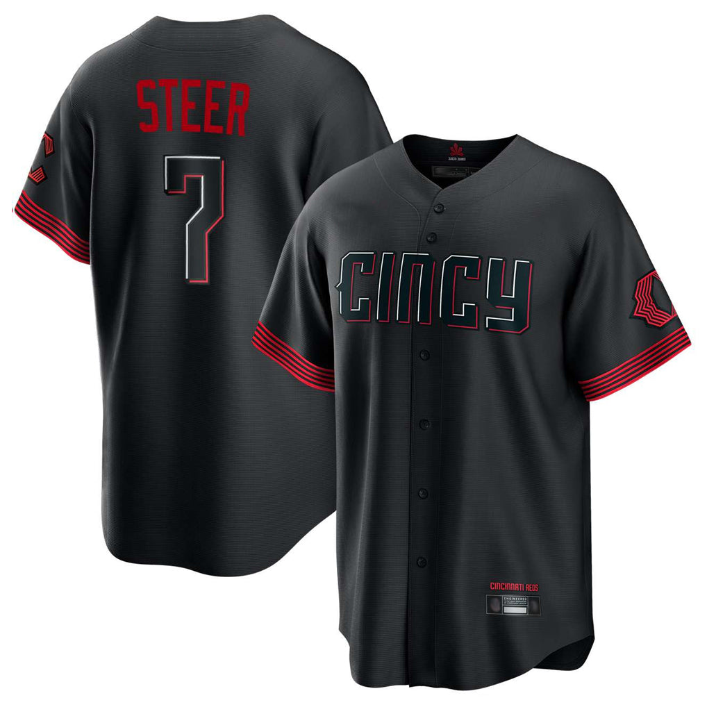 Jamed C.Reds #7 Spencer Steer Player Black City Connect Home Game Stitched Jerseys