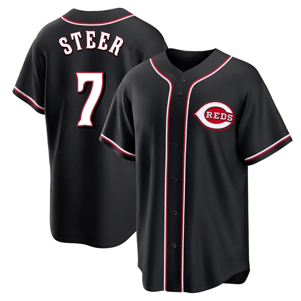Jamed C.Reds #7 Spencer Steer Player Black Fashion Out Home Game Stitched Jerseys