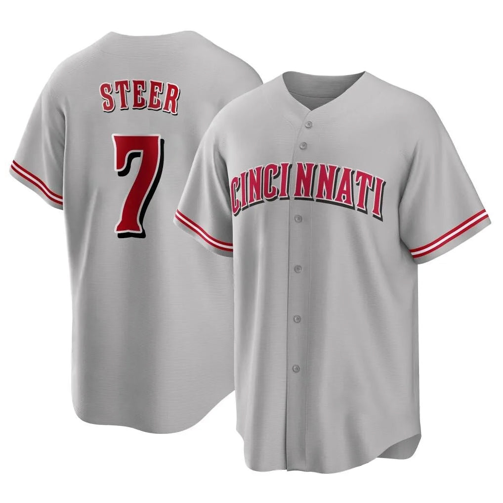 Jamed C.Reds #7 Spencer Steer Player Gray Home Game Stitched Jerseys