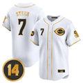 Jamed C.Reds #7 Spencer Steer Player White-Gold Vapor Premier Limited Home Stitched Jerseys