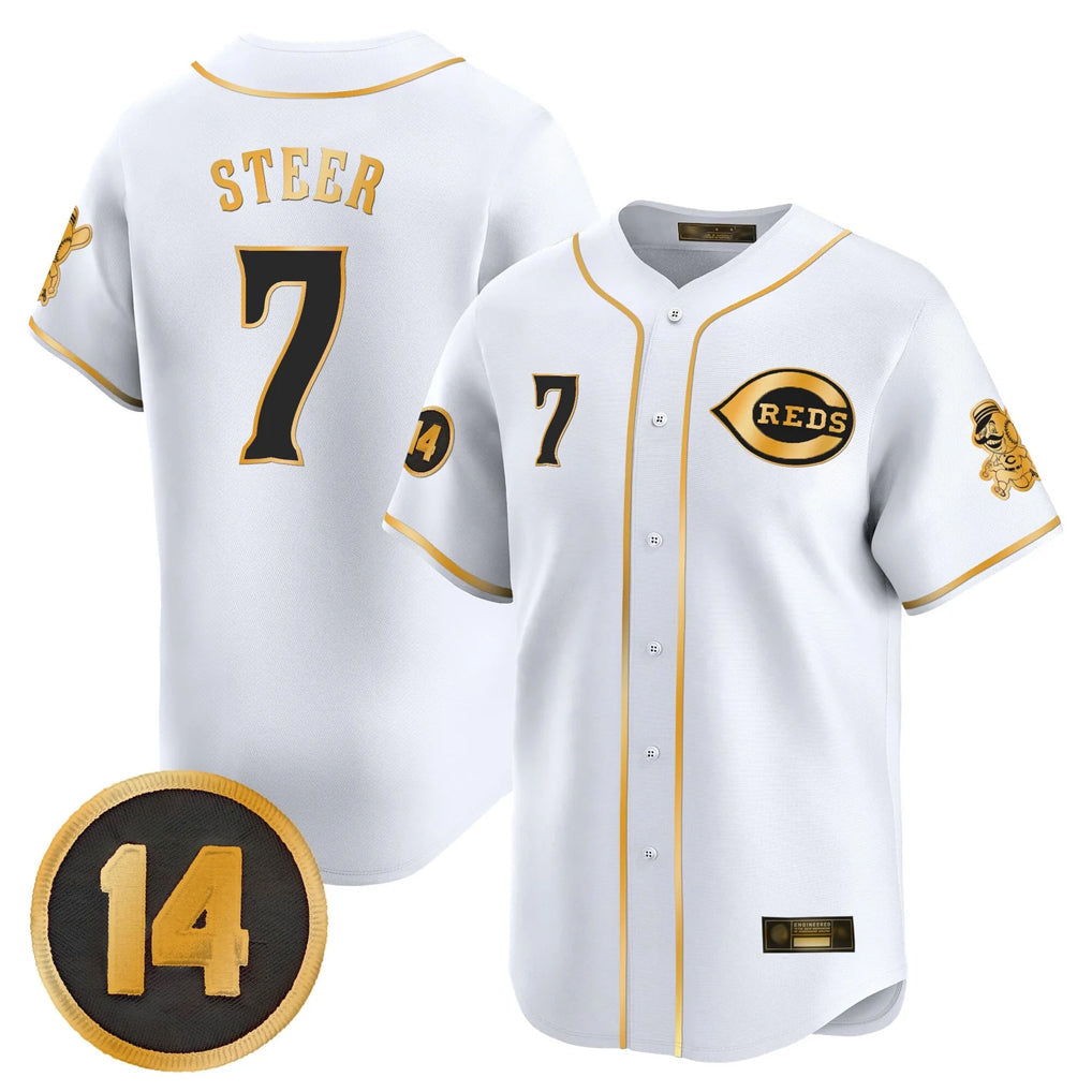 Jamed C.Reds #7 Spencer Steer Player White-Gold Vapor Premier Limited Home Stitched Jerseys