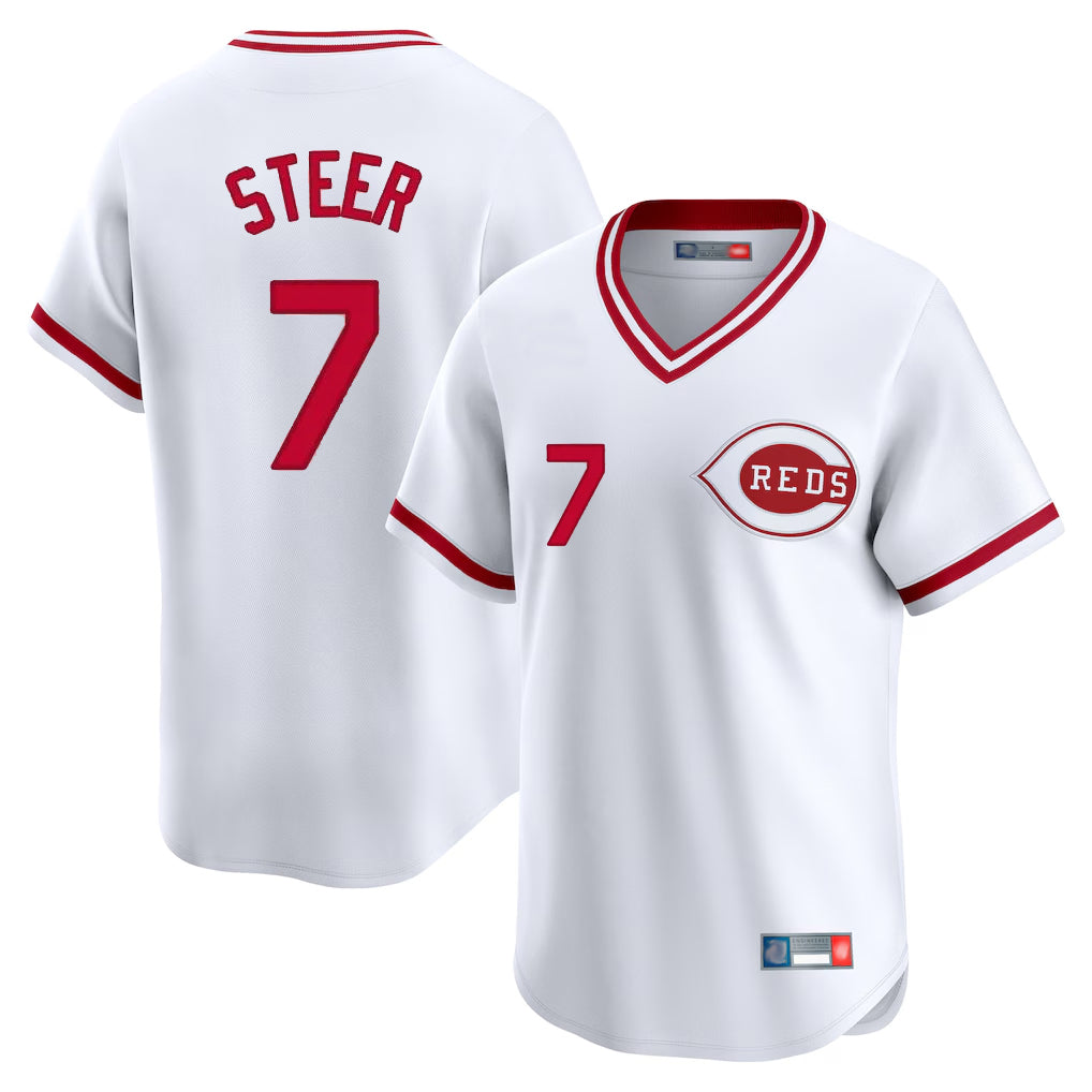 Jamed C.Reds #7 Spencer Steer Player White Cooperstown Collection Limited T-shirt Home Stitched Jerseys