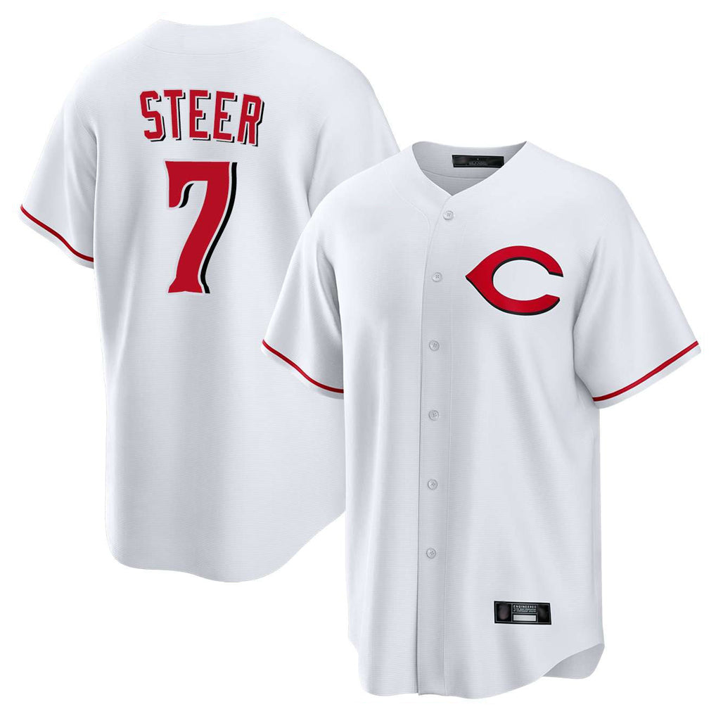 Jamed C.Reds #7 Spencer Steer Player White Home Game Stitched Jerseys