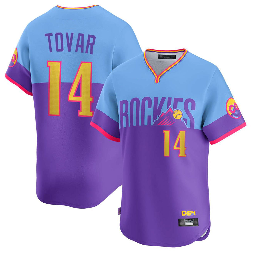 Jamed C.Rockies #14 Ezequiel Tovar Player Purple-Light Blue City Connect Limited Home T-shirt Stitched Jerseys
